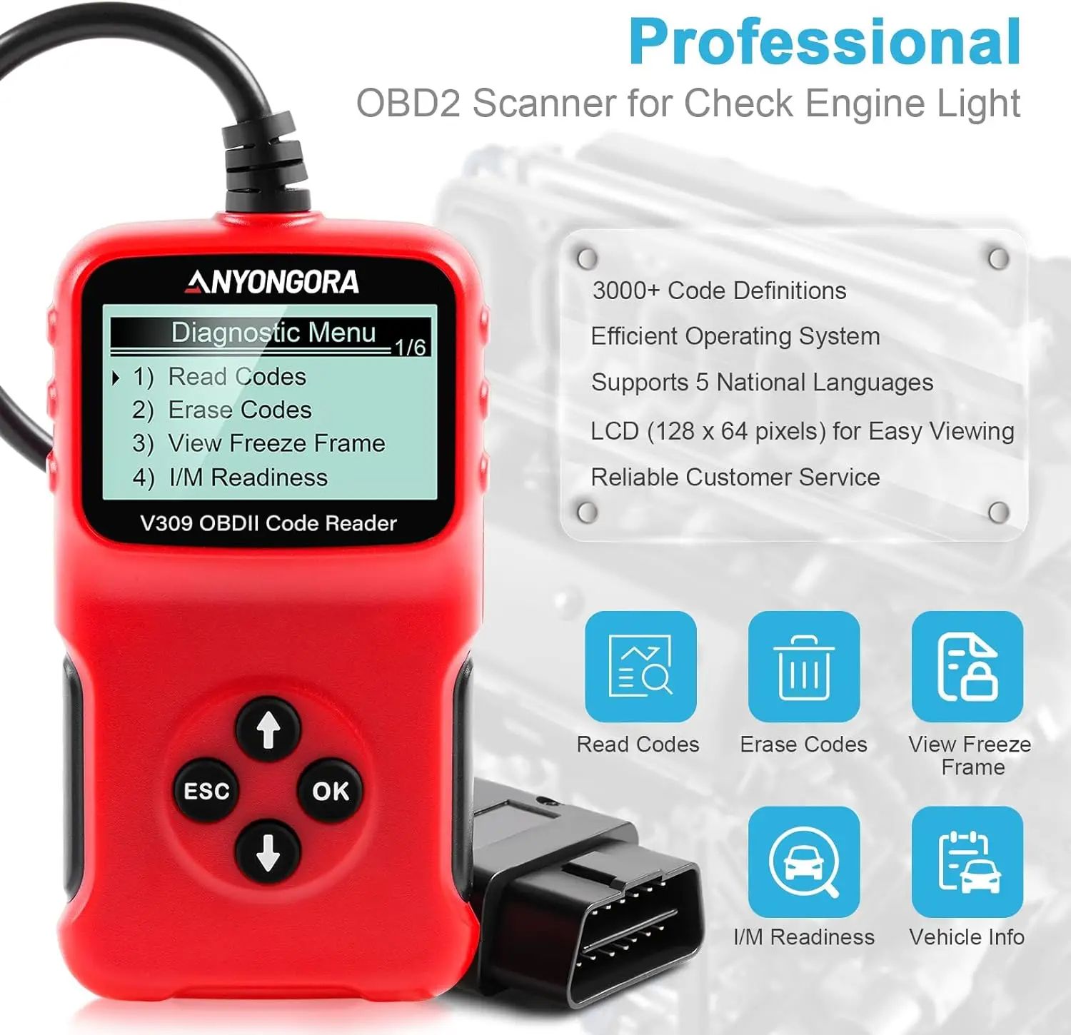 OBD2 Automotive Engine Fault Code Reader ELM327 Support Multi-Language V309 Automotive Fault Scanner