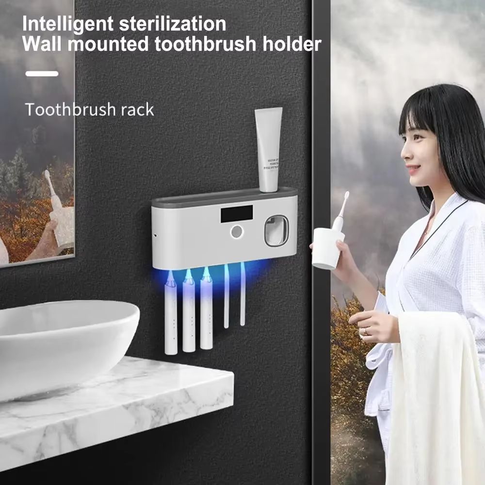 Wall Toothbrush Holder for Bathroom UV Toothbrush Organizer Toothpaste Dispenser USB Rechargeable 5 Slots Bathroom Supplies
