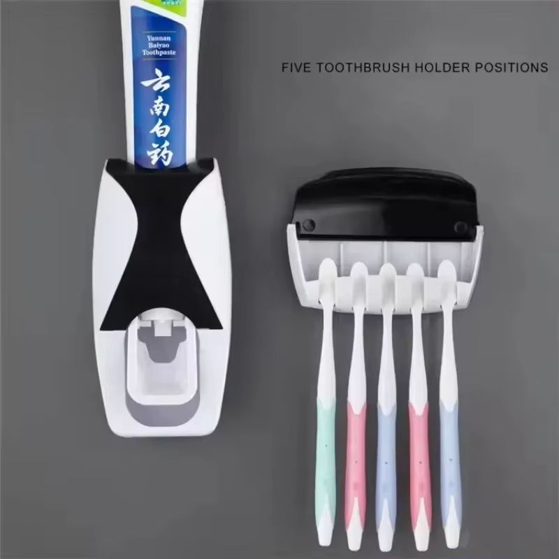1 set of easy-to-use toothbrush holder with automatic toothpaste dispenser, wall mounted toothbrush storage rack, and bathroom