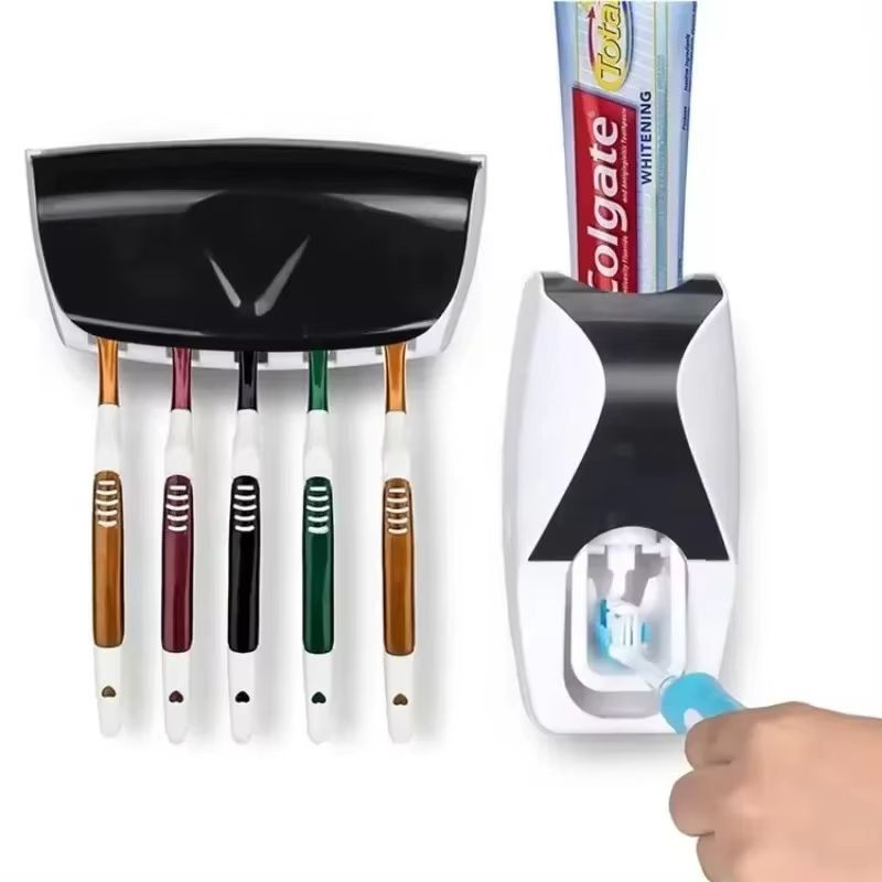 1 set of easy-to-use toothbrush holder with automatic toothpaste dispenser, wall mounted toothbrush storage rack, and bathroom