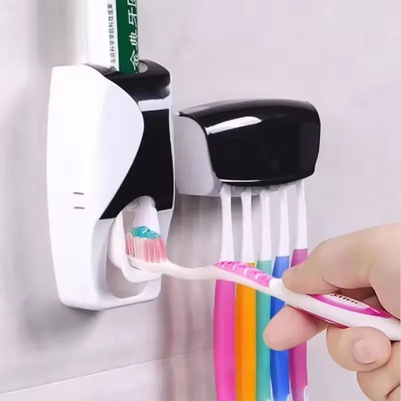 1 set of easy-to-use toothbrush holder with automatic toothpaste dispenser, wall mounted toothbrush storage rack, and bathroom