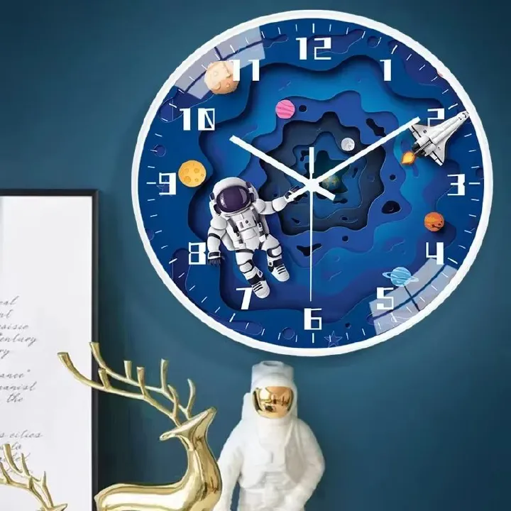 Bedroom Modern Boys Silent Children's Wall Clock 8in Digital Simple Clock Creative Home Punch Clock Cartoon Space Travel Style Watch Free Bedroom Study