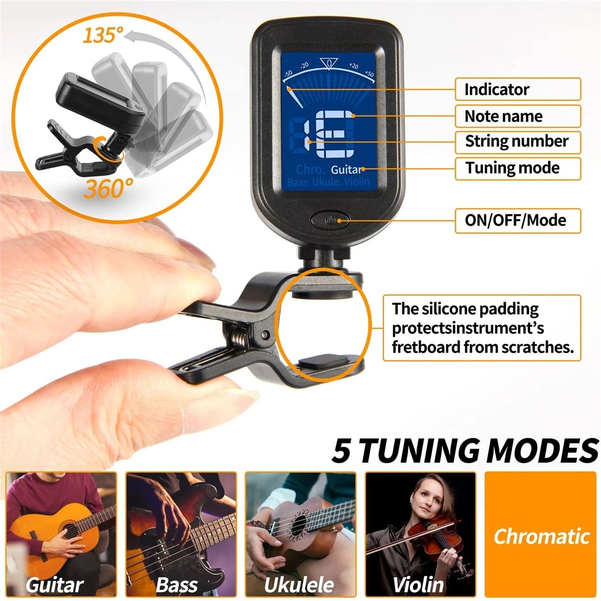 Guitar Tuner Clip-on Chromatic Digital Tuner LCD Display Mini Tuner String Instrument Accessories for Guitar Ukulele Violin