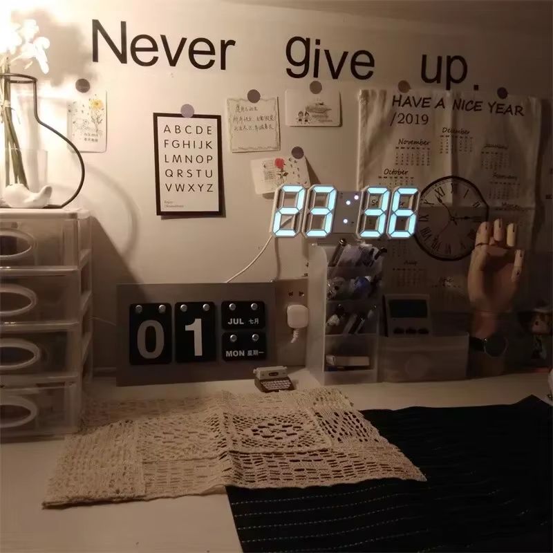 3D LED Digital Alarm Clock Wall Clock Time Date Temperature For Home Kitchen Office Clocks Decor Aesthetics Wall Decoration Glow Night Mode Decoration for Bedroom