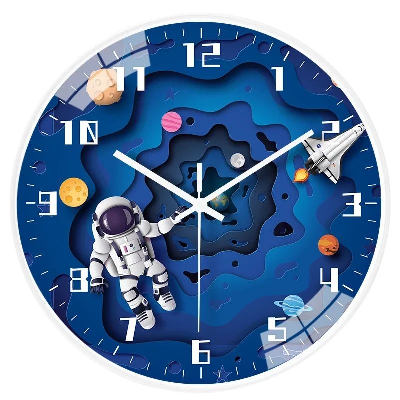Bedroom Modern Boys Silent Children's Wall Clock 8in Digital Simple Clock Creative Home Punch Clock Cartoon Space Travel Style Watch Free Bedroom Study