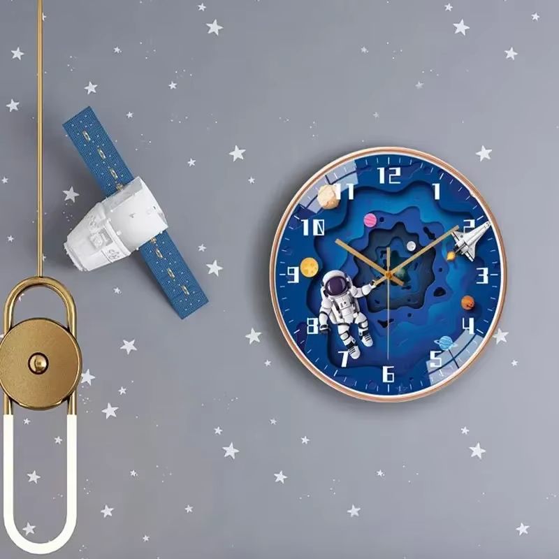 Bedroom Modern Boys Silent Children's Wall Clock 8in Digital Simple Clock Creative Home Punch Clock Cartoon Space Travel Style Watch Free Bedroom Study
