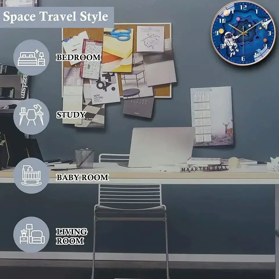 Bedroom Modern Boys Silent Children's Wall Clock 8in Digital Simple Clock Creative Home Punch Clock Cartoon Space Travel Style Watch Free Bedroom Study