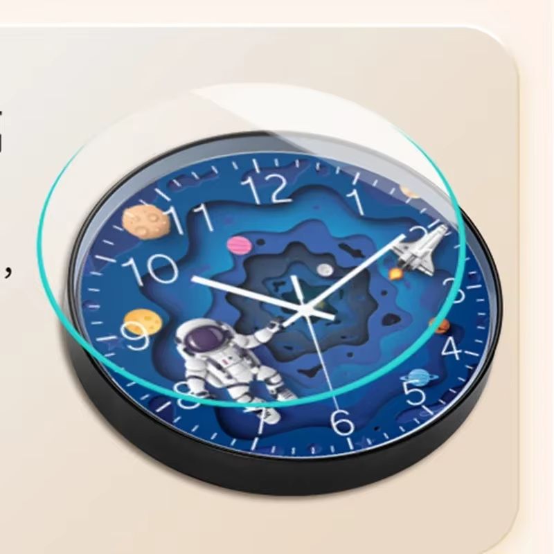 Bedroom Modern Boys Silent Children's Wall Clock 8in Digital Simple Clock Creative Home Punch Clock Cartoon Space Travel Style Watch Free Bedroom Study