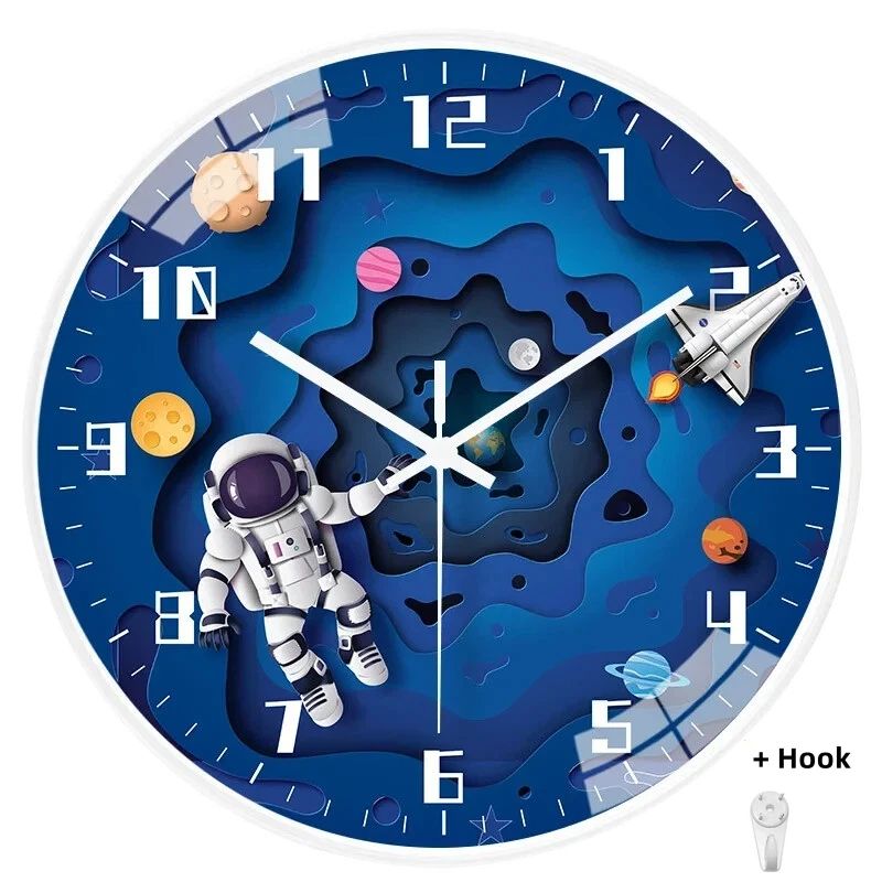 Bedroom Modern Boys Silent Children's Wall Clock 8in Digital Simple Clock Creative Home Punch Clock Cartoon Space Travel Style Watch Free Bedroom Study