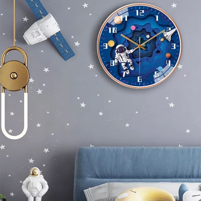 Bedroom Modern Boys Silent Children's Wall Clock 8in Digital Simple Clock Creative Home Punch Clock Cartoon Space Travel Style Watch Free Bedroom Study