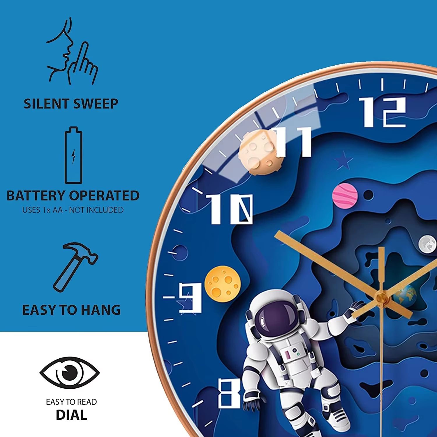 Bedroom Modern Boys Silent Children's Wall Clock 8in Digital Simple Clock Creative Home Punch Clock Cartoon Space Travel Style Watch Free Bedroom Study