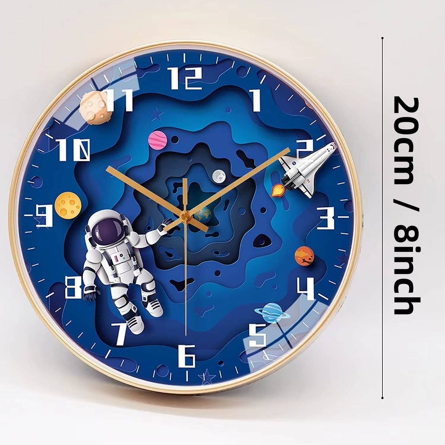 Bedroom Modern Boys Silent Children's Wall Clock 8in Digital Simple Clock Creative Home Punch Clock Cartoon Space Travel Style Watch Free Bedroom Study