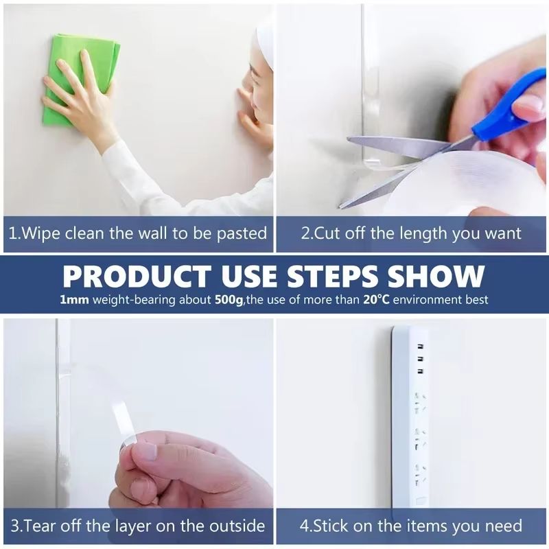 3M/5M Double Sided Tape Heavy Duty Nano Adhesive Clear Waterproof Removable Gel Tape for Wall Carpet Picture Hanging Kitchen and Bathroom Waterproof and Cleanable Tool