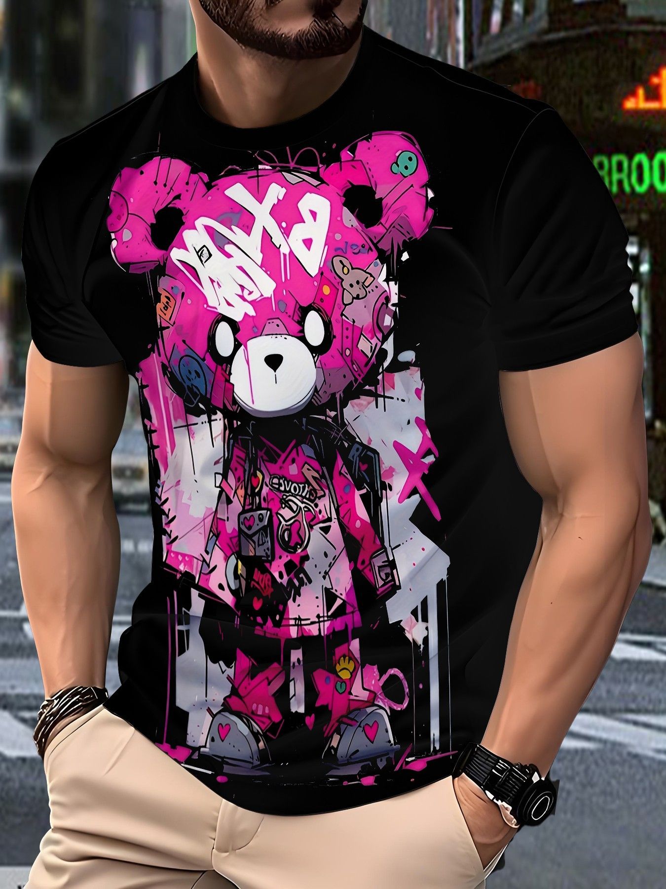 Summer men's casual T-shirt 3D digital printed cartoon pattern short sleeved loose fitting pullover round neck top