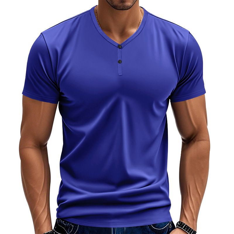 Men's T-shirt, summer loose elastic quick drying breathable sports retro Henry short sleeved