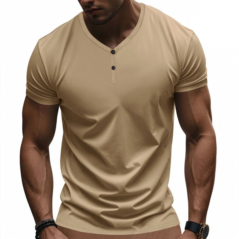 Men's T-shirt, summer loose elastic quick drying breathable sports retro Henry short sleeved