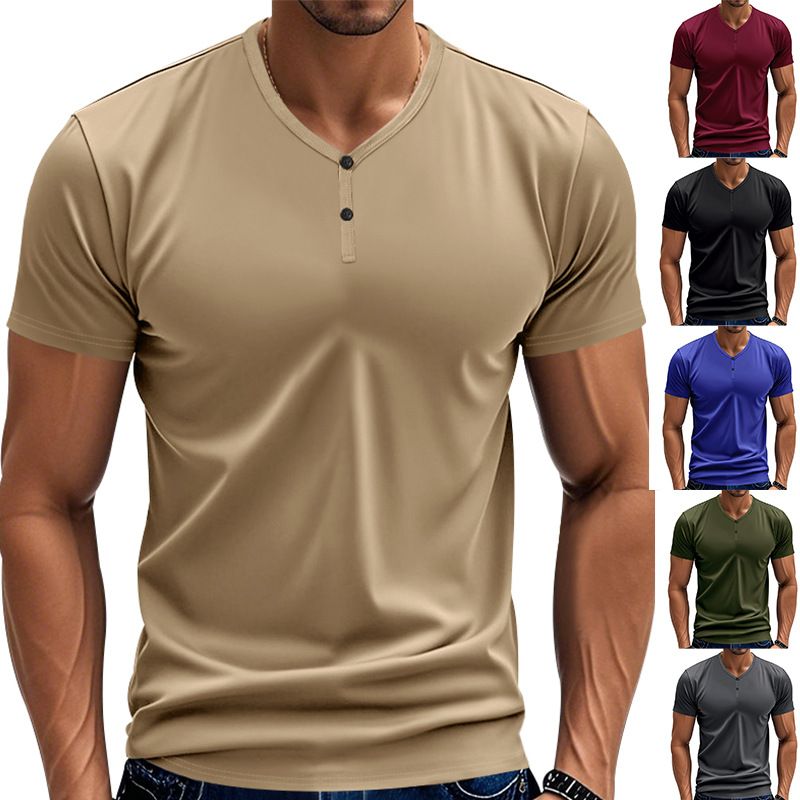 Men's T-shirt, summer loose elastic quick drying breathable sports retro Henry short sleeved