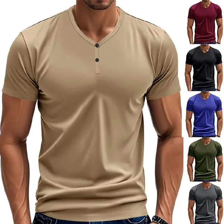 Men's T-shirt, summer loose elastic quick drying breathable sports retro Henry short sleeved