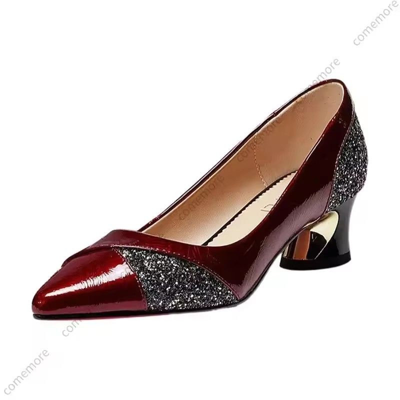 New Soft Leather Single Shoes for Women with Thick Heels, Wine Red Pointed Leather Shoes with Middle Heels, Lacquer Leather Single Shoes for Women
