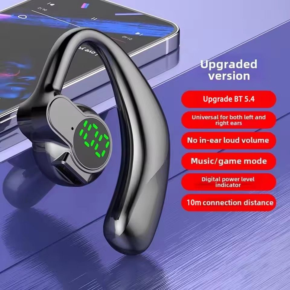 Single ear wireless earphones Bluetooth 5.4 hands-free noise reduction, rotatable sports digital display earphones, dual ear ear hooks