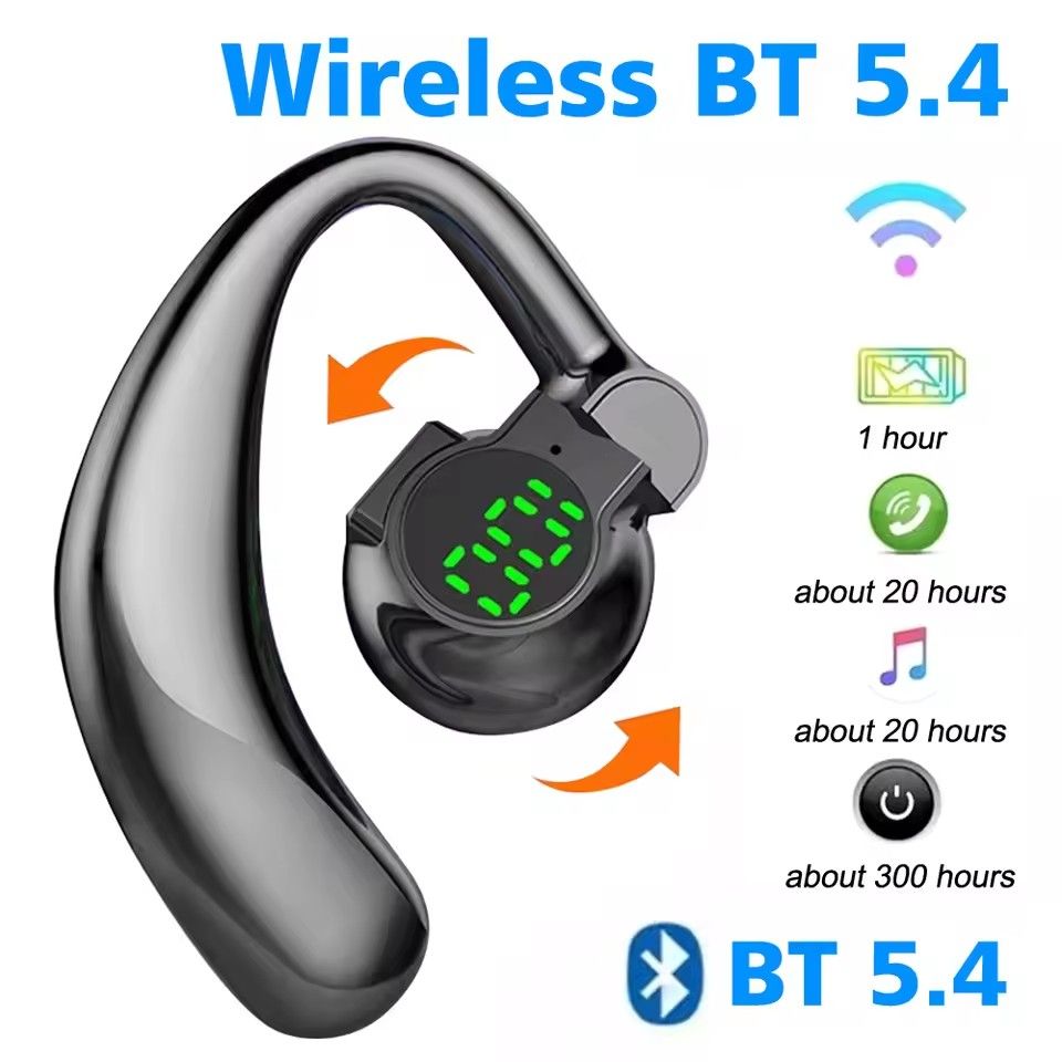 Single ear wireless earphones Bluetooth 5.4 hands-free noise reduction, rotatable sports digital display earphones, dual ear ear hooks