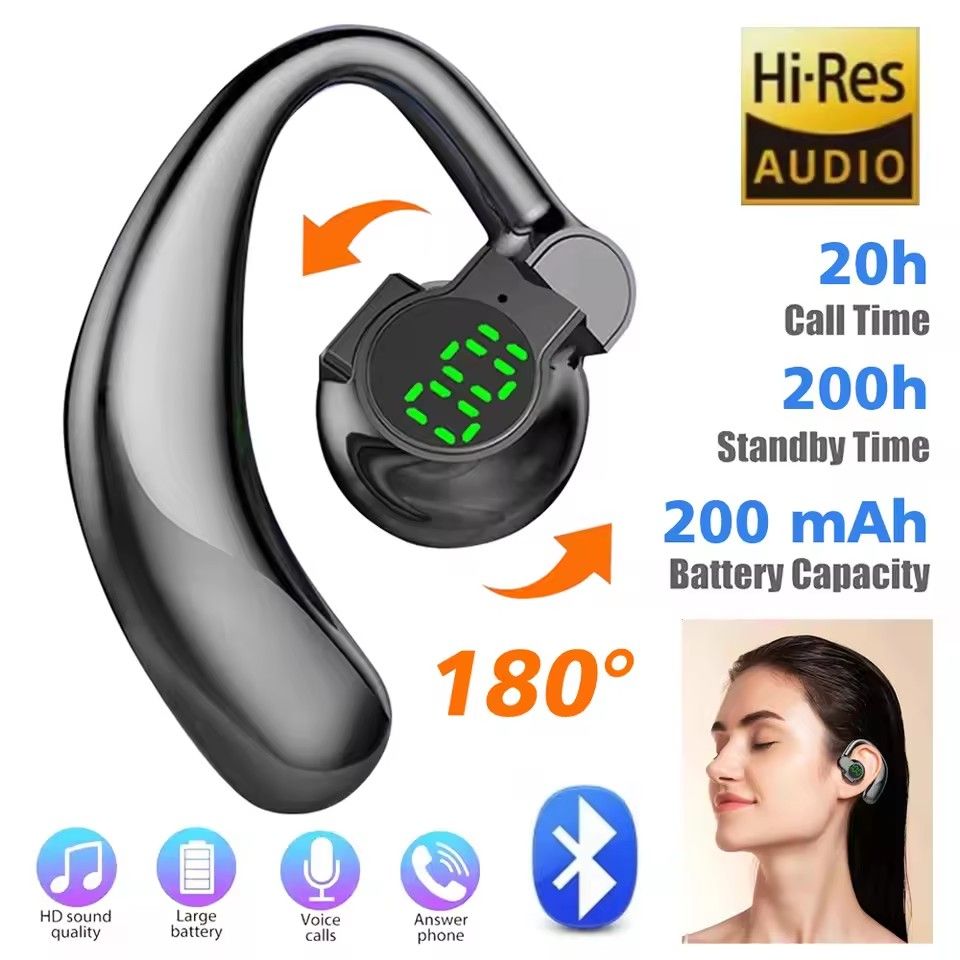 Single ear wireless earphones Bluetooth 5.4 hands-free noise reduction, rotatable sports digital display earphones, dual ear ear hooks