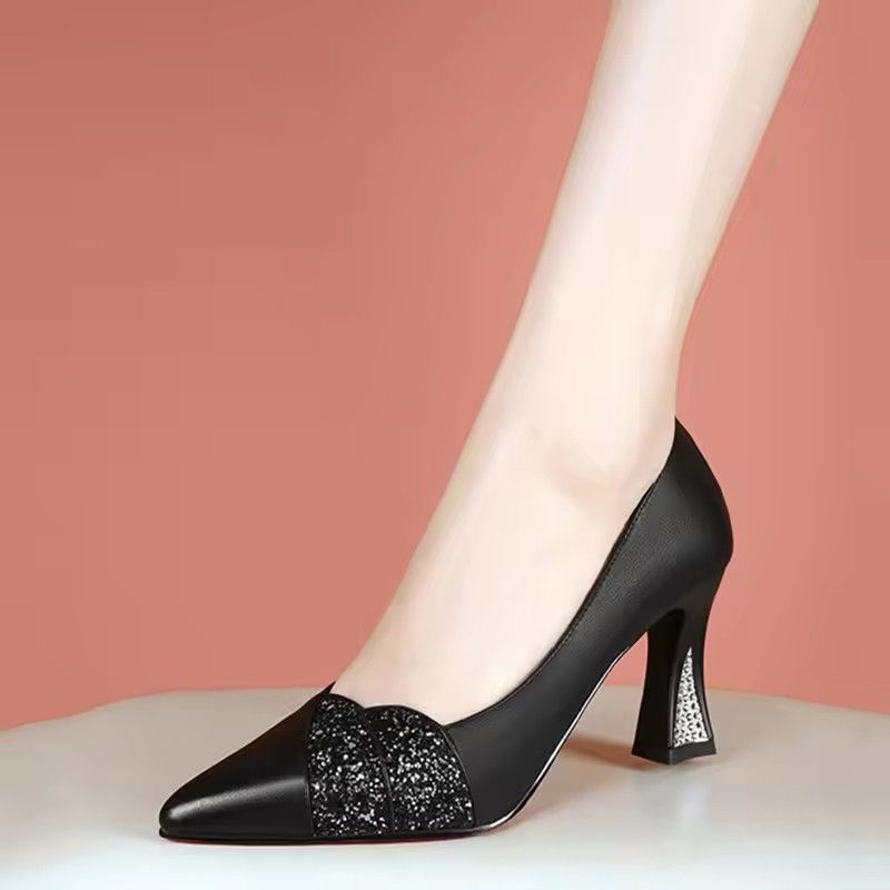 Soft leather high heels for women, pointed slender high heels, one foot multi-functional work shoes, rhinestones, all season collection
