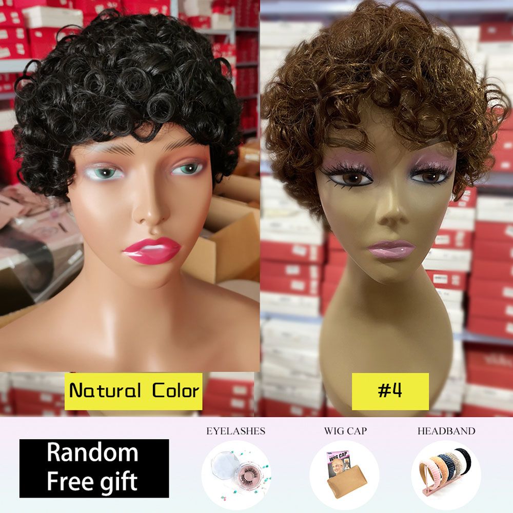 Short Hair Bob Elf Hair Clipper Wig Human Hair Curly Wig Brazilian Hair Virgin Full Machine Cheap Wig Female Human Hair