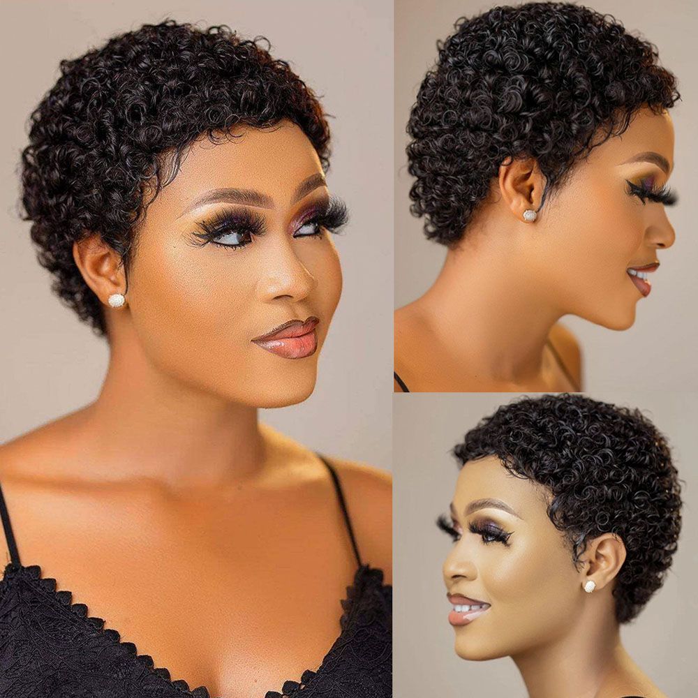 Short Hair Bob Elf Hair Clipper Wig Human Hair Curly Wig Brazilian Hair Virgin Full Machine Cheap Wig Female Human Hair