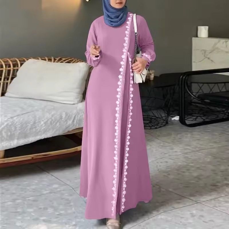 Lace crochet dress Muslim Türkiye Abaya elegant loose dress Women's long sleeve round neck Islamic gown