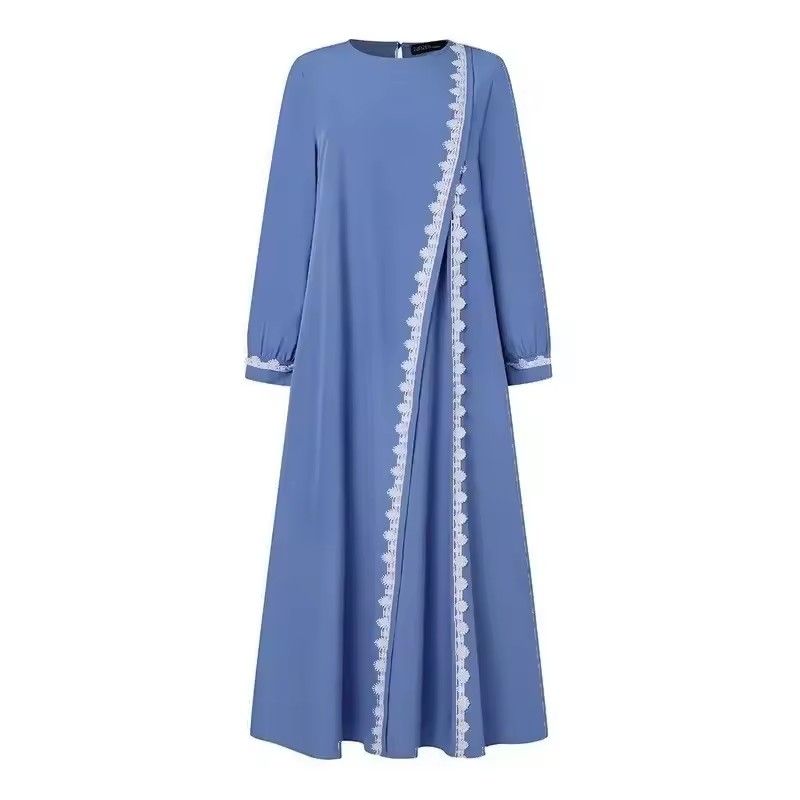 Lace crochet dress Muslim Türkiye Abaya elegant loose dress Women's long sleeve round neck Islamic gown