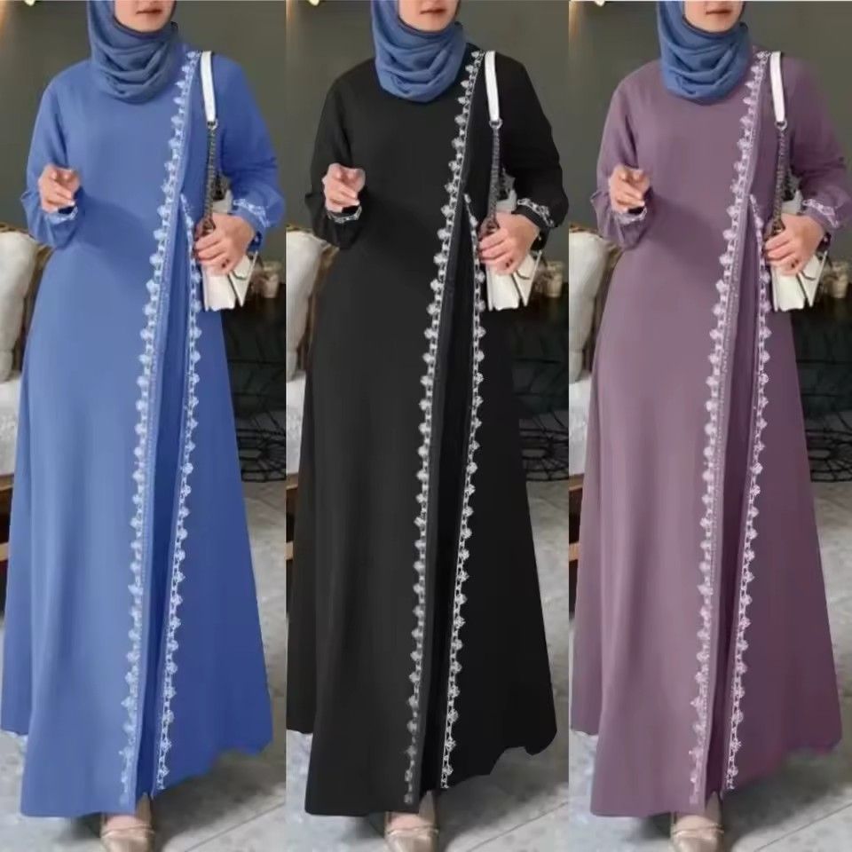 Lace crochet dress Muslim Türkiye Abaya elegant loose dress Women's long sleeve round neck Islamic gown
