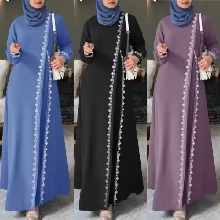 Lace crochet dress Muslim Türkiye Abaya elegant loose dress Women's long sleeve round neck Islamic gown