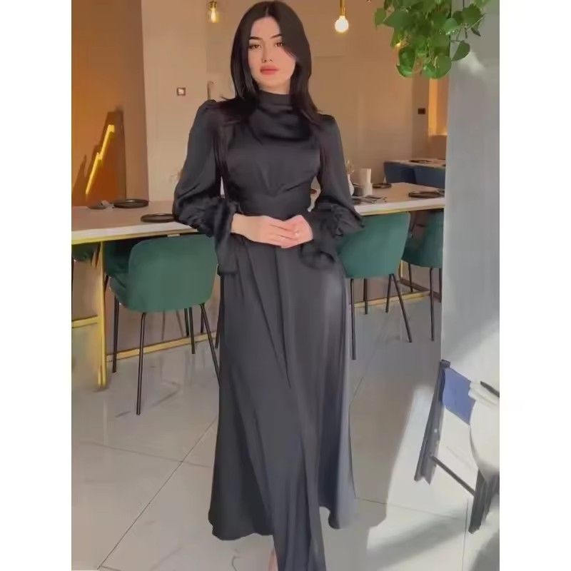 Muslim slim fit temperament waist cinched robe dress party dress women trumpet sleeves Abaya long skirt robe Ramadan wide waistband Islamic Arabic robe