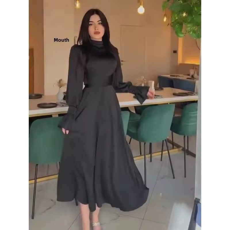Muslim slim fit temperament waist cinched robe dress party dress women trumpet sleeves Abaya long skirt robe Ramadan wide waistband Islamic Arabic robe