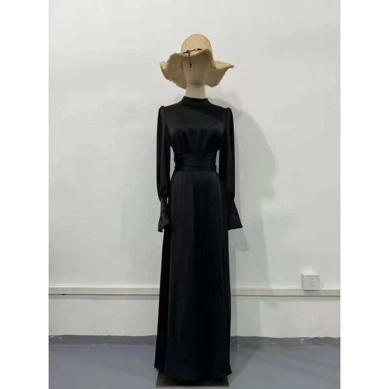 Muslim slim fit temperament waist cinched robe dress party dress women trumpet sleeves Abaya long skirt robe Ramadan wide waistband Islamic Arabic robe