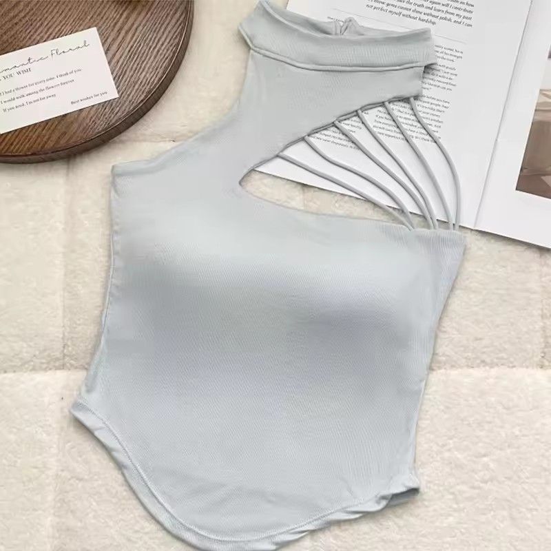 Ladies' hollowed out sleeveless tight fitting T-shirt cool punk T-shirt technology style new sexy short top