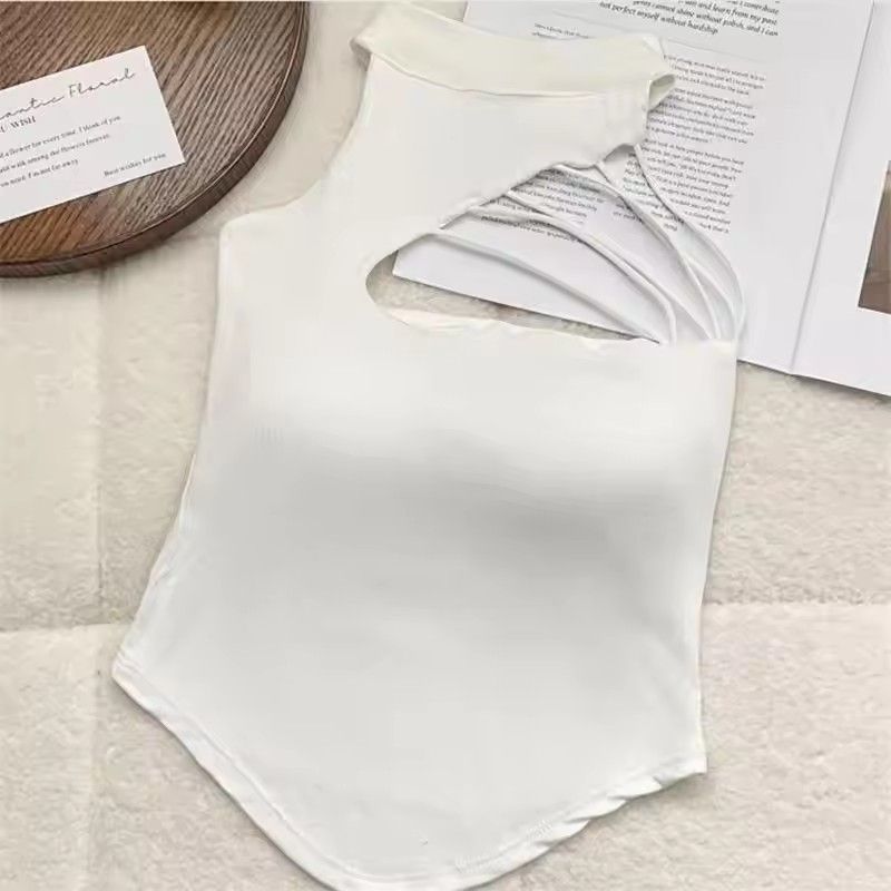 Ladies' hollowed out sleeveless tight fitting T-shirt cool punk T-shirt technology style new sexy short top