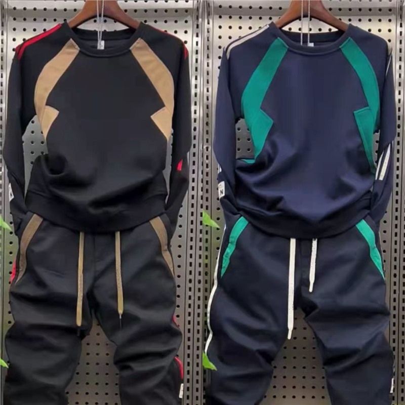 Men's color blocked patchwork round neck long sleeved sweatshirt casual loose sports pants sports suit