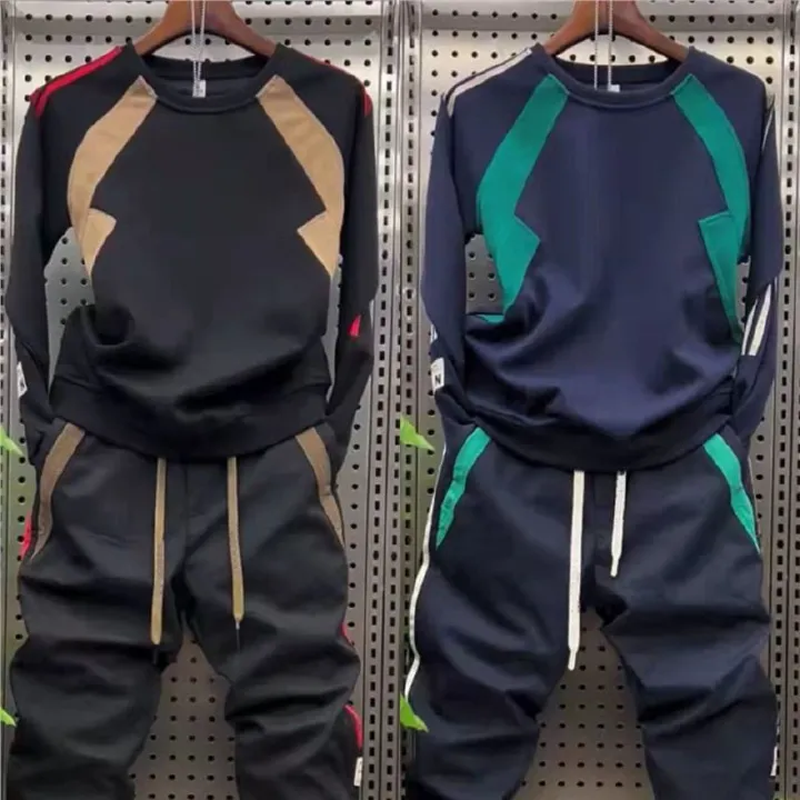 Men's color blocked patchwork round neck long sleeved sweatshirt casual loose sports pants sports suit