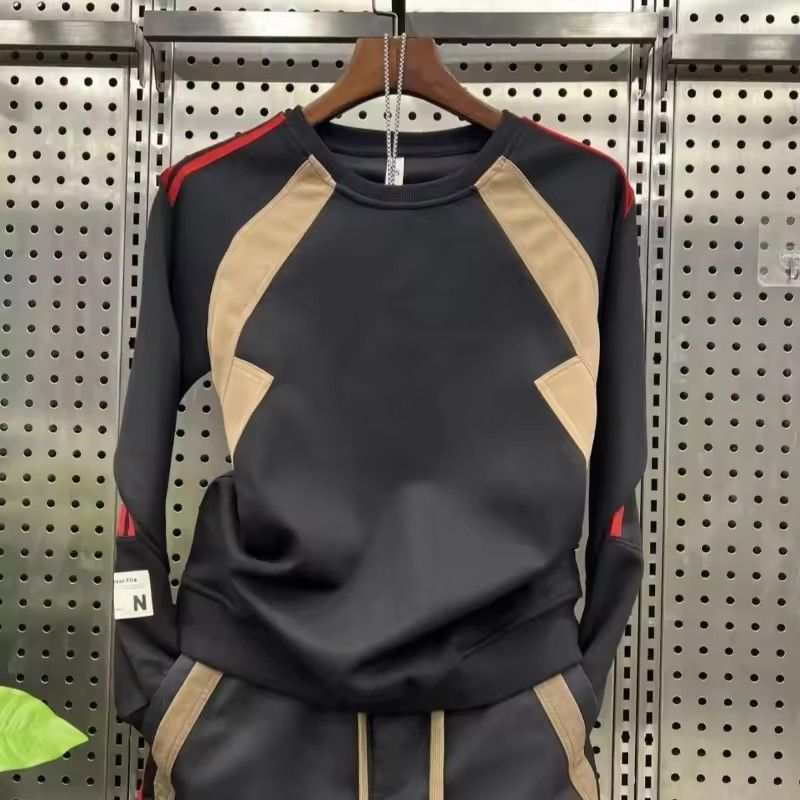 Men's color blocked patchwork round neck long sleeved sweatshirt casual loose sports pants sports suit