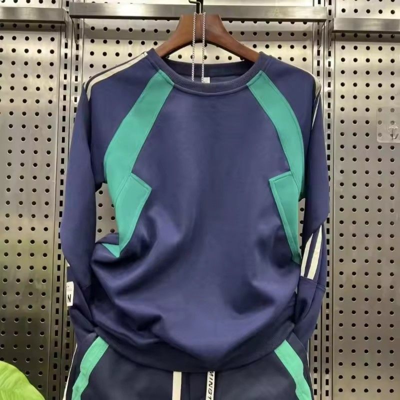 Men's color blocked patchwork round neck long sleeved sweatshirt casual loose sports pants sports suit