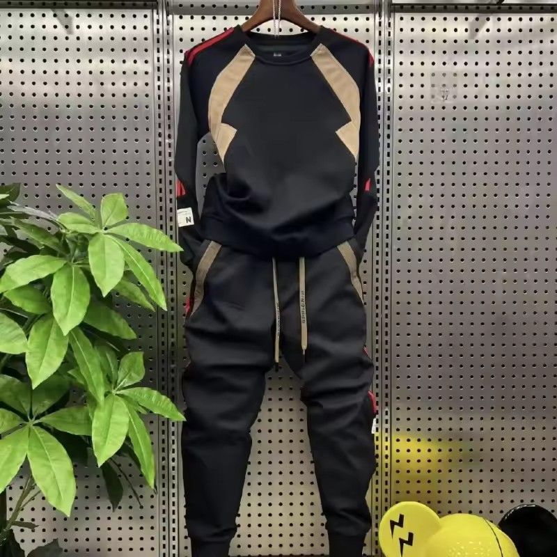 Men's color blocked patchwork round neck long sleeved sweatshirt casual loose sports pants sports suit