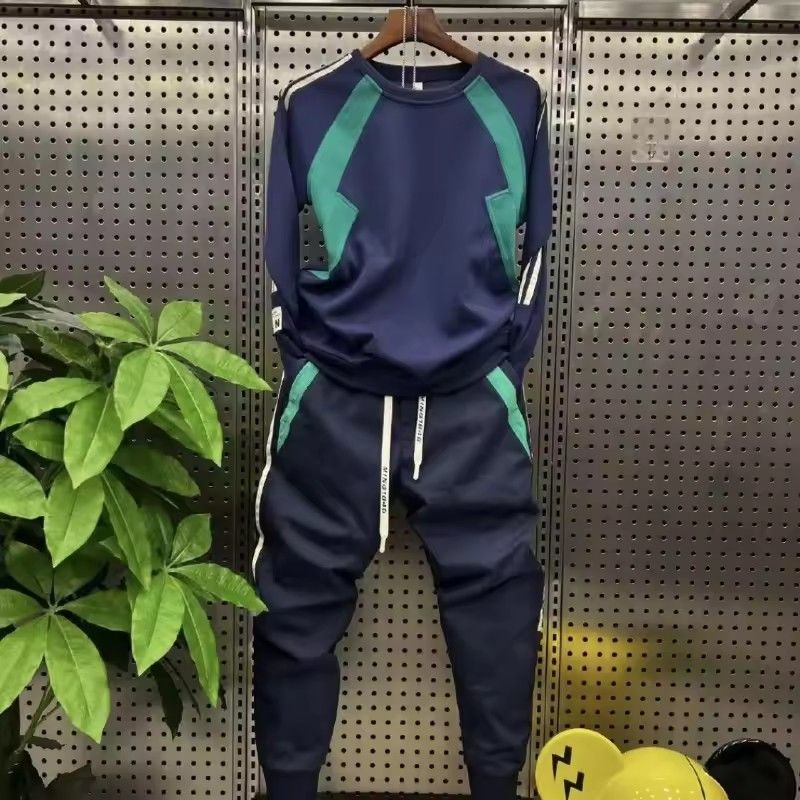 Men's color blocked patchwork round neck long sleeved sweatshirt casual loose sports pants sports suit