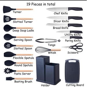 SPECIAL OFFER! 19PCs Set of Wood Spoon And Knife Set - Includes Chopping Board. Elevate your culinary experience with our Premium 19-Piece Silicone Kitchen Utensil Set with Wooden Handle