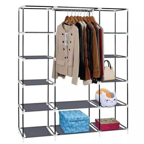 3coloumn wadrobe mettalic,Portable Wardrobe, 61-Inch with 3 Hanging Rods and 6 Storage Shelves, Non-Woven Fabric, Stable and Easy