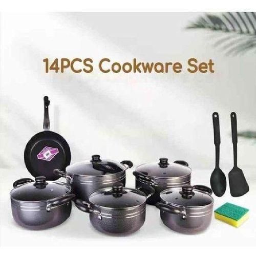 TC 14 Pieces Heavy duty Non Stick Cooking Pots/Sufuria with a pan, silicon serving spoons And Glass Lids- black