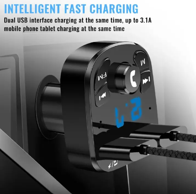 3-in-1 Bluetooth Car Charger FM Transmitter with Fast Charging QC 3.0 & Hands-Free Calling - Dual USB Ports 3.1A MP3 Player for All Cars