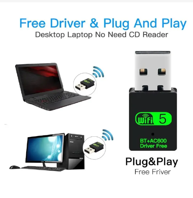 USB WiFi Adapter AC600 Dual Band 2.4G/5GHz Driver-Free Wireless Network Dongle for PC Desktop Laptop - Windows 11/10/8/7 Mac OS Plug and Play 150Mbps for longer range & faster for high-speed activitie