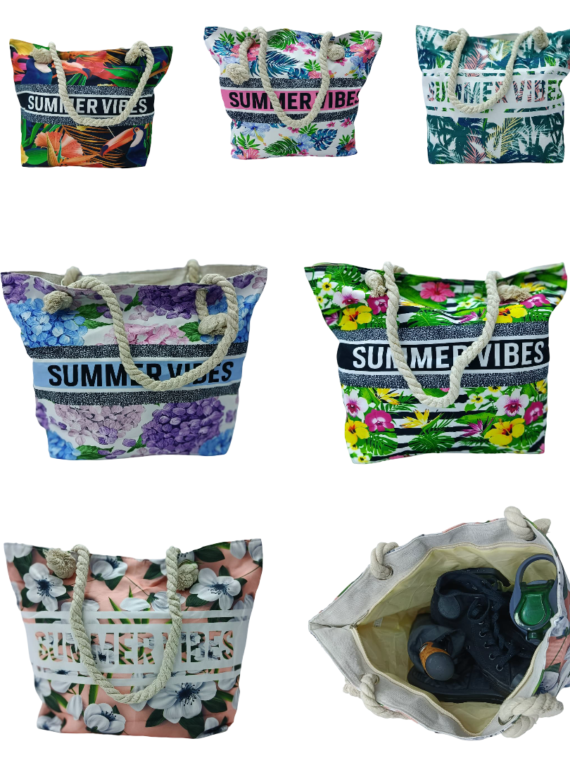 "Summer Vibes" Straw Tote Bag for Women – Lightweight, Spacious, with Zipper Closure & Inner Pocket